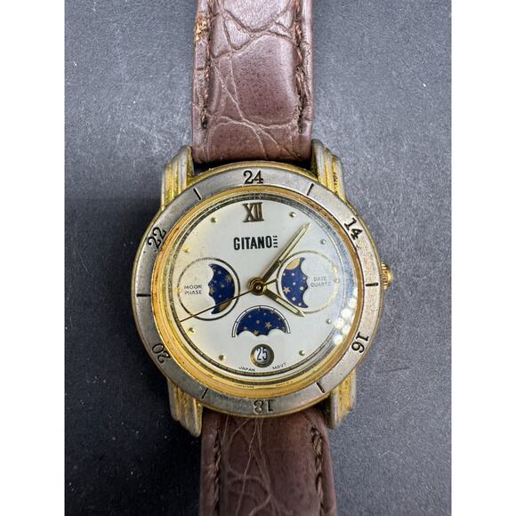 Gitano Men's Watch Moon Phase Date Quartz Two Tone Leather Brown Band 7414 - Picture 1 of 11